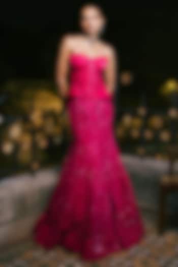 Fuchsia Tulle & Satin Floral Embroidered Mermaid Bridal Lehenga Set by Mishru at Pernia's Pop Up Shop