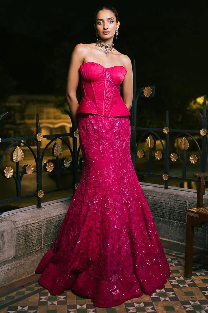 Fuchsia Tulle & Satin Floral Embroidered Mermaid Bridal Lehenga Set by Mishru at Pernia's Pop Up Shop