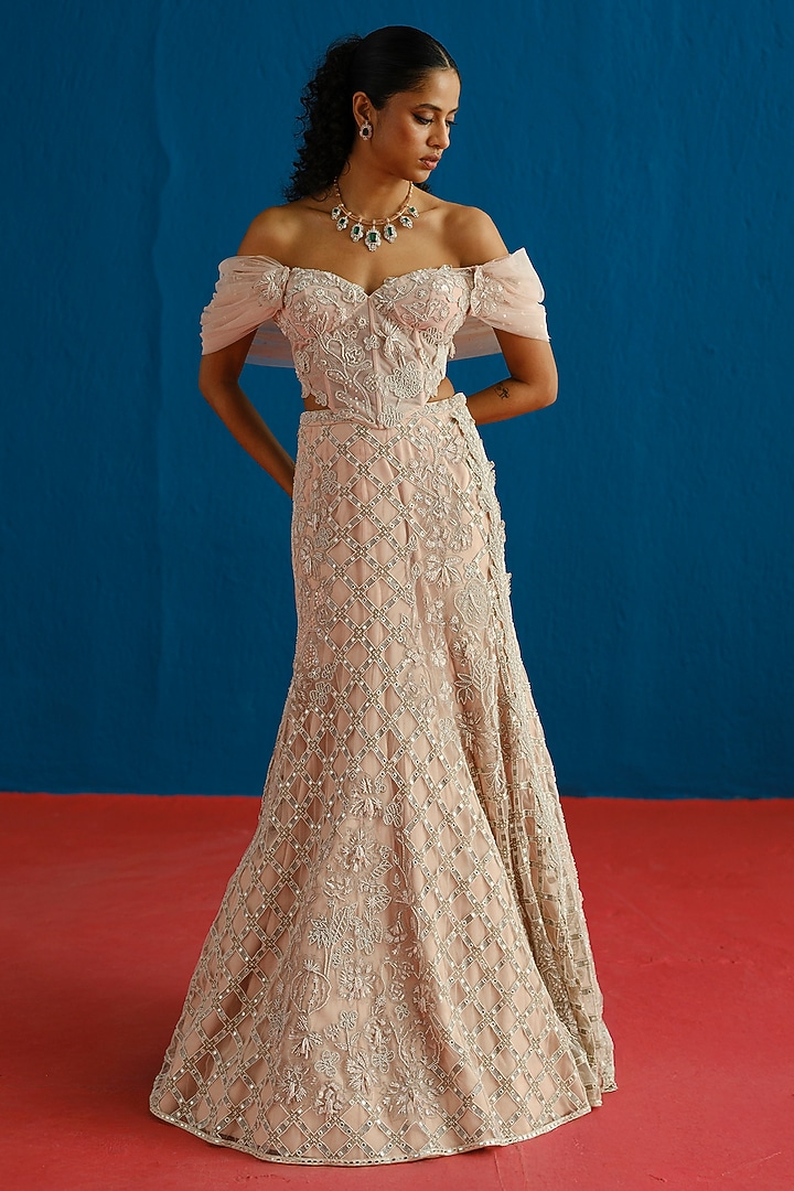 Muted Pink Tulle Embroidered Skirt Set by Mishru at Pernia's Pop Up Shop