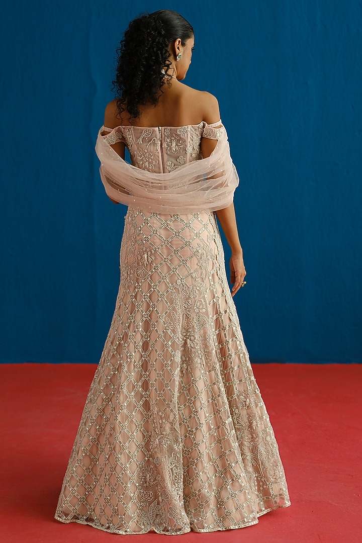 Husna Pink Tulle Checks Embroidered Skirt Set by Mishru at Pernia's Pop Up Shop