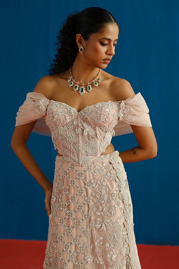 Husna Pink Tulle Checks Embroidered Skirt Set by Mishru at Pernia's Pop Up Shop