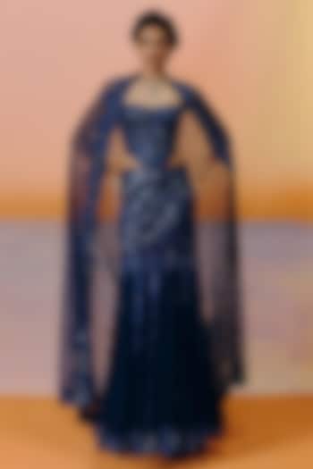 Navy Blue Organza & Tulle Floral Embroidered Flared Skirt Set by Mishru at Pernia's Pop Up Shop