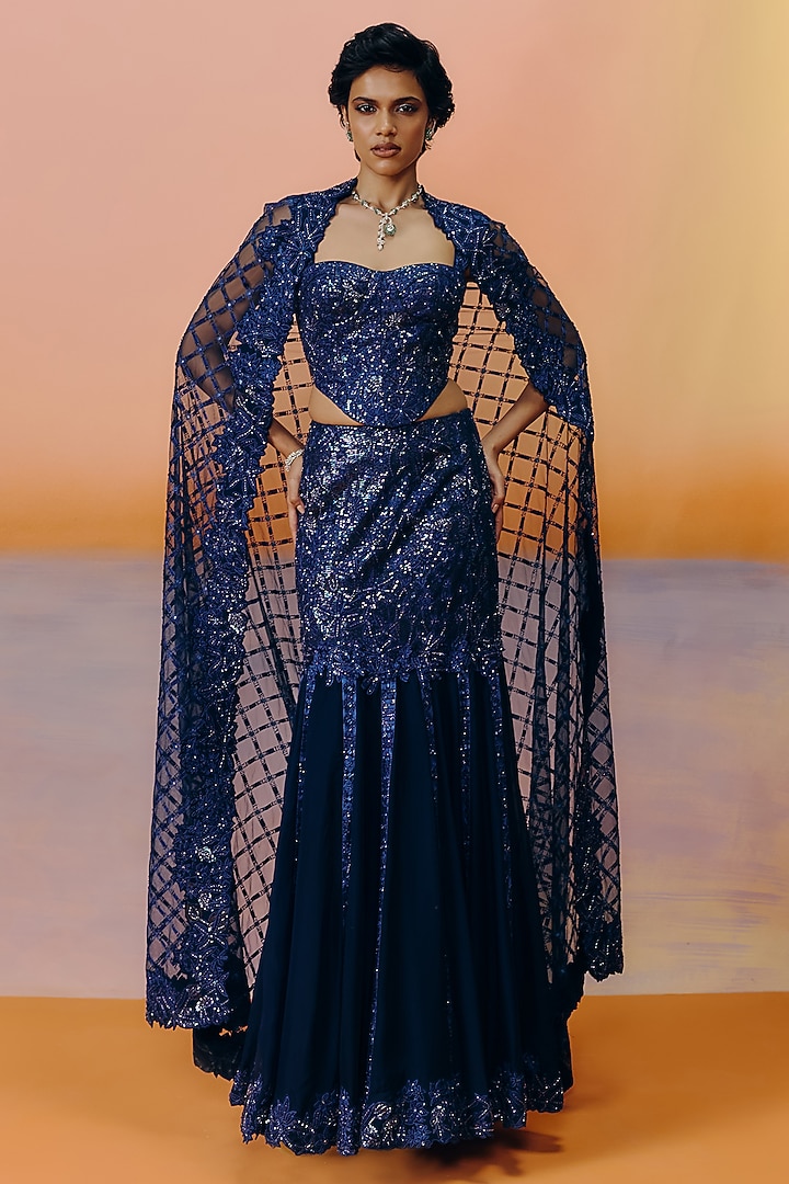 Navy Blue Organza & Tulle Floral Embroidered Flared Skirt Set by Mishru at Pernia's Pop Up Shop