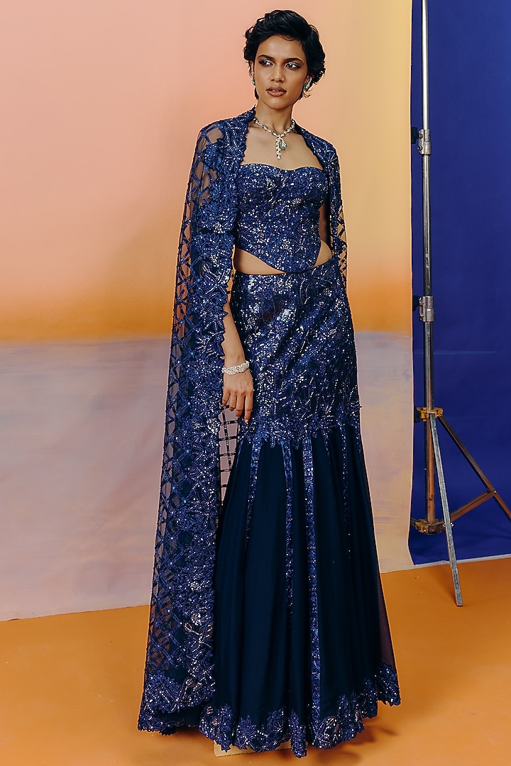 Navy Blue Organza & Tulle Floral Embroidered Flared Skirt Set by Mishru at Pernia's Pop Up Shop