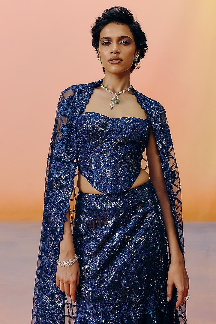 Navy Blue Organza & Tulle Floral Embroidered Flared Skirt Set by Mishru at Pernia's Pop Up Shop