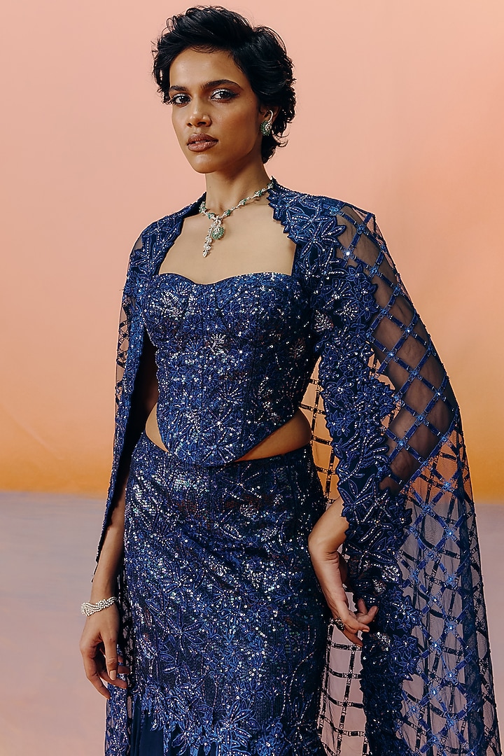 Navy Blue Organza & Tulle Floral Embroidered Flared Skirt Set by Mishru at Pernia's Pop Up Shop