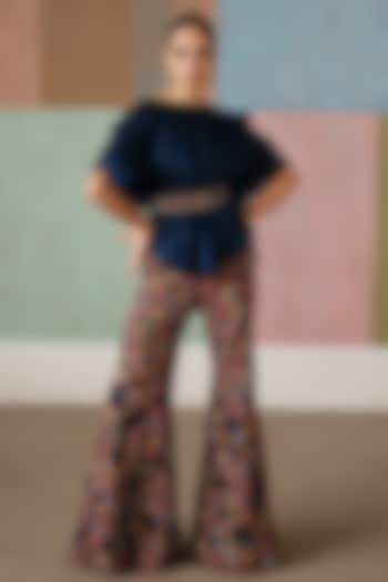 Navy Blue Organza Embroidered Pant Set by Mishru at Pernia's Pop Up Shop