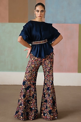 Navy Blue Organza Embroidered Pant Set by Mishru