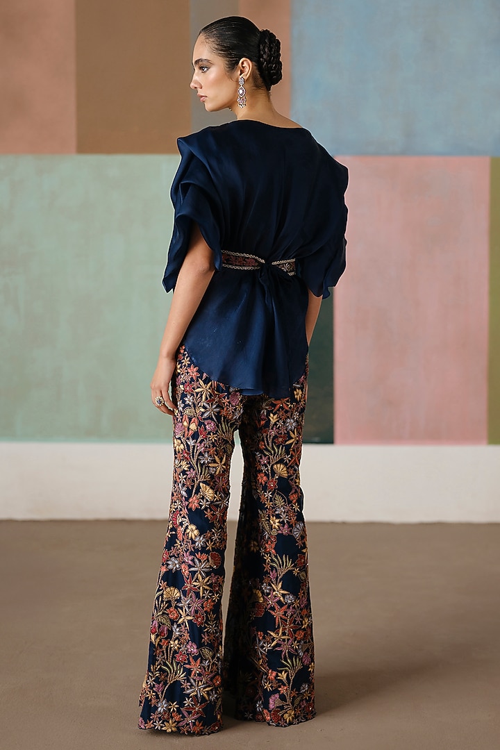 Navy Blue Organza Embroidered Pant Set by Mishru at Pernia's Pop Up Shop