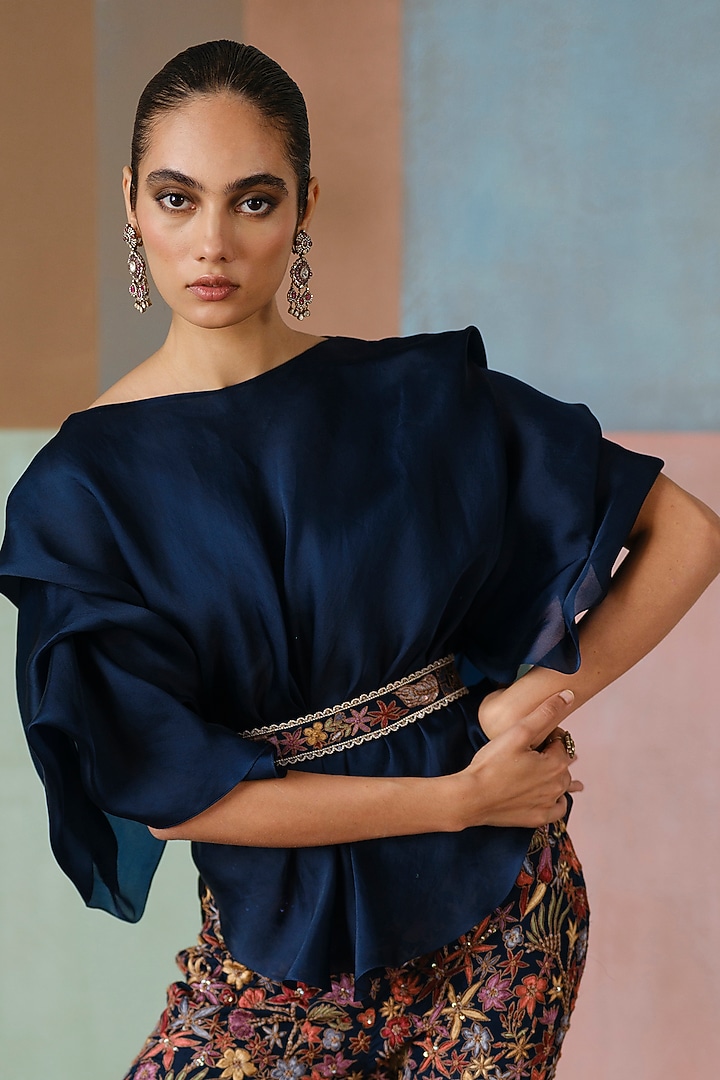 Navy Blue Organza Embroidered Pant Set by Mishru at Pernia's Pop Up Shop