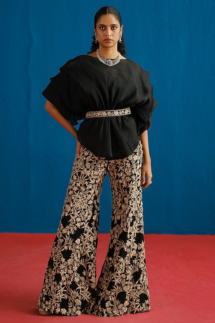 Black Organza Embroidered Pant Set by Mishru at Pernia's Pop Up Shop