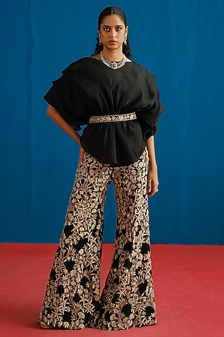 Black Organza Embroidered Pant Set by Mishru