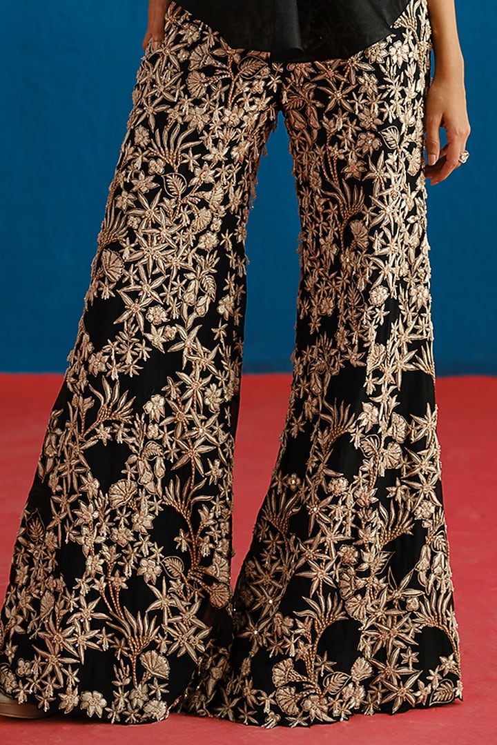 Black Organza Embroidered Pant Set by Mishru at Pernia's Pop Up Shop