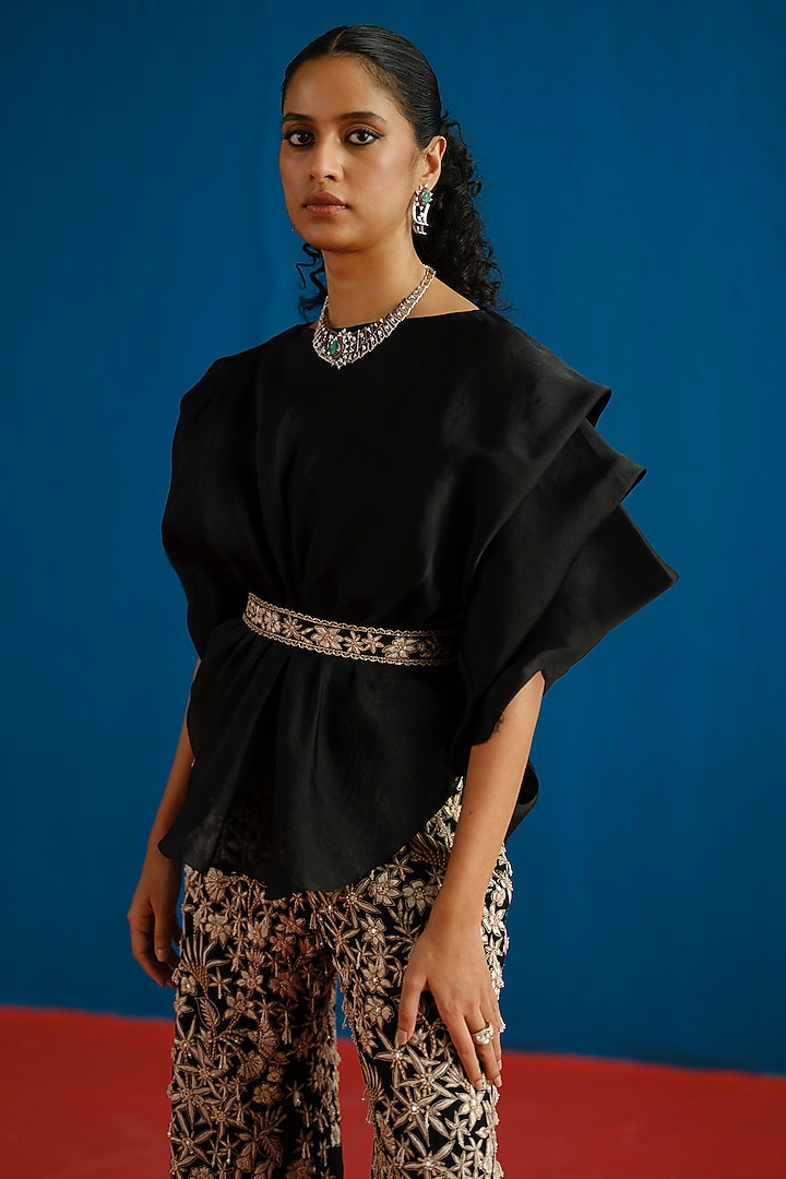 Black Organza Embroidered Pant Set by Mishru at Pernia's Pop Up Shop