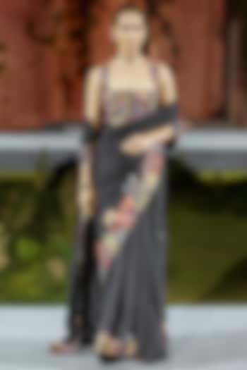 Black Silk Floral Embroidered Bridal Saree Set by Mishru at Pernia's Pop Up Shop