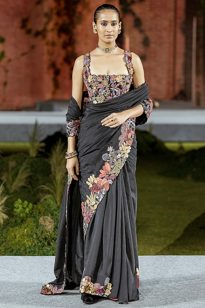 Black Silk Floral Embroidered Bridal Saree Set by Mishru at Pernia's Pop Up Shop