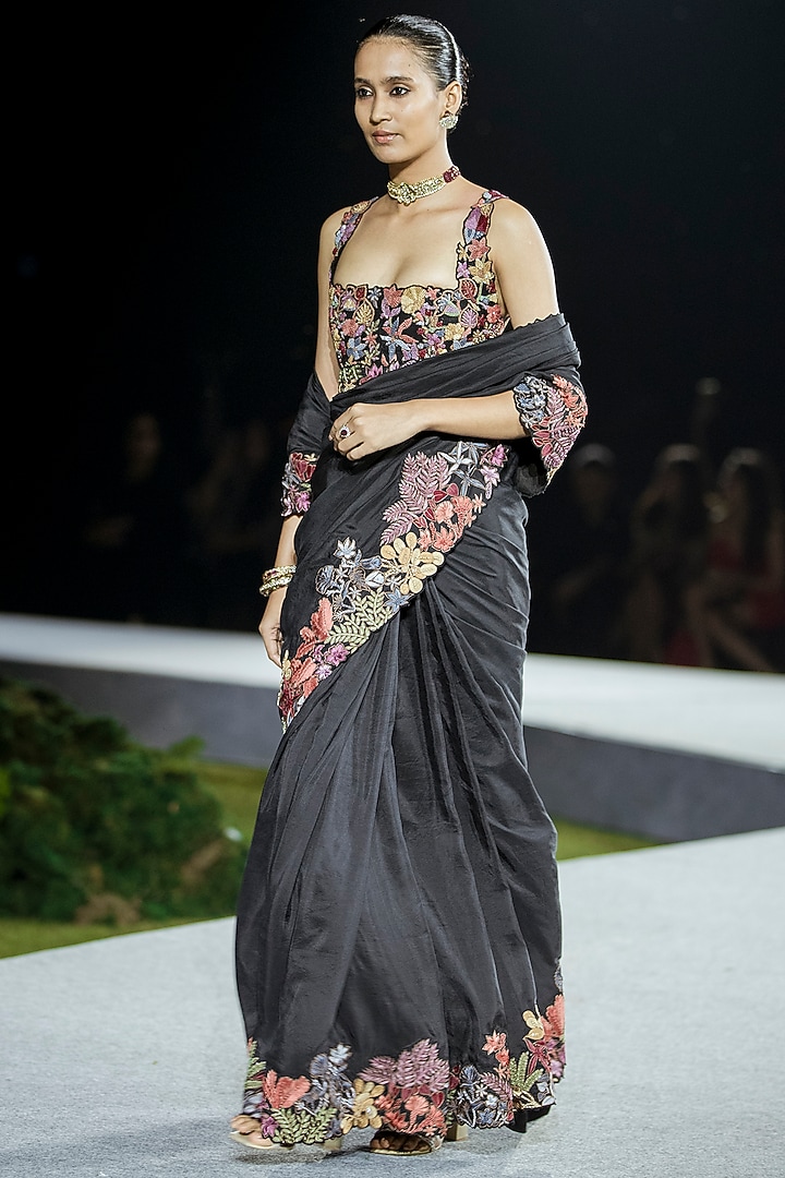 Black Silk Floral Embroidered Bridal Saree Set by Mishru at Pernia's Pop Up Shop
