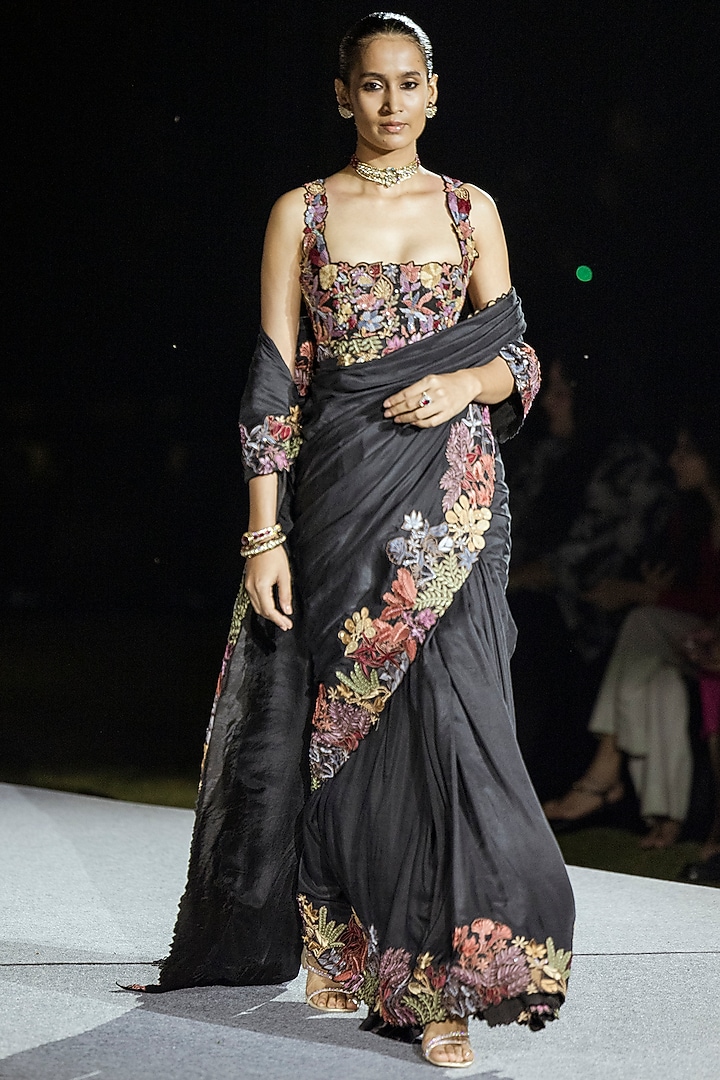 Black Silk Floral Embroidered Bridal Saree Set by Mishru at Pernia's Pop Up Shop