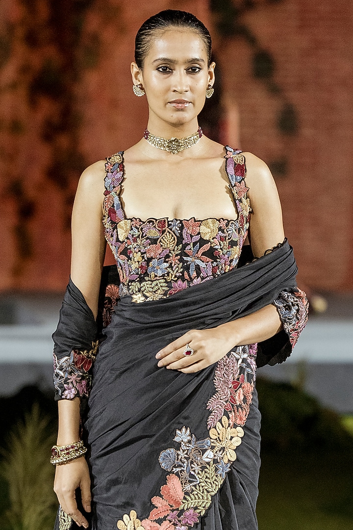 Black Silk Floral Embroidered Bridal Saree Set by Mishru at Pernia's Pop Up Shop