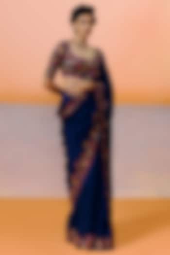 Navy Blue Silk Floral Embroidered Bridal Saree Set by Mishru at Pernia's Pop Up Shop