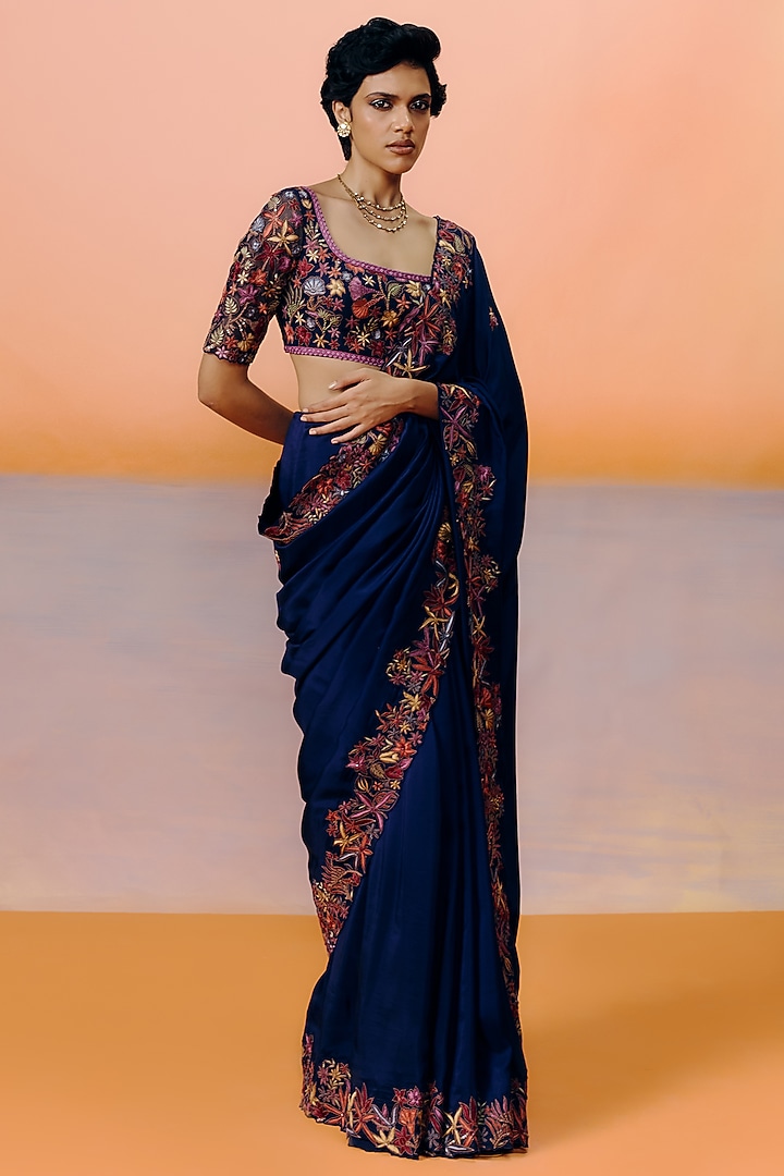 Navy Blue Silk Floral Embroidered Bridal Saree Set by Mishru at Pernia's Pop Up Shop