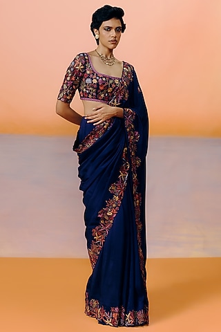 Navy Blue Silk Floral Embroidered Saree Set by Mishru