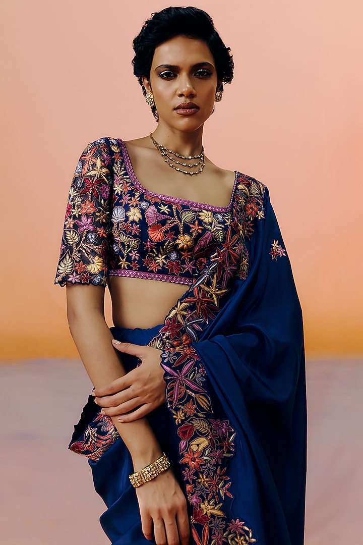 Navy Blue Silk Floral Embroidered Bridal Saree Set by Mishru at Pernia's Pop Up Shop