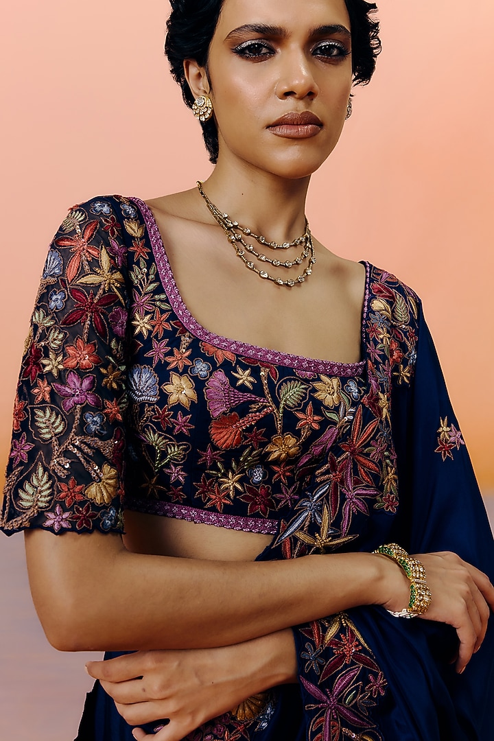 Navy Blue Silk Floral Embroidered Bridal Saree Set by Mishru at Pernia's Pop Up Shop