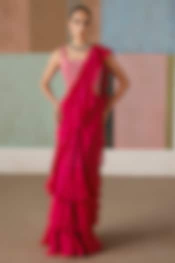 Fuchsia Crepe & Organza Ruffled Reception Saree Set by Mishru at Pernia's Pop Up Shop