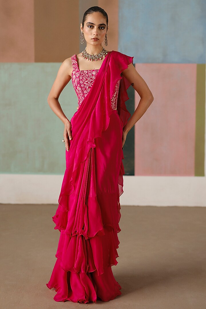 Fuchsia Crepe & Organza Ruffled Reception Saree Set by Mishru at Pernia's Pop Up Shop