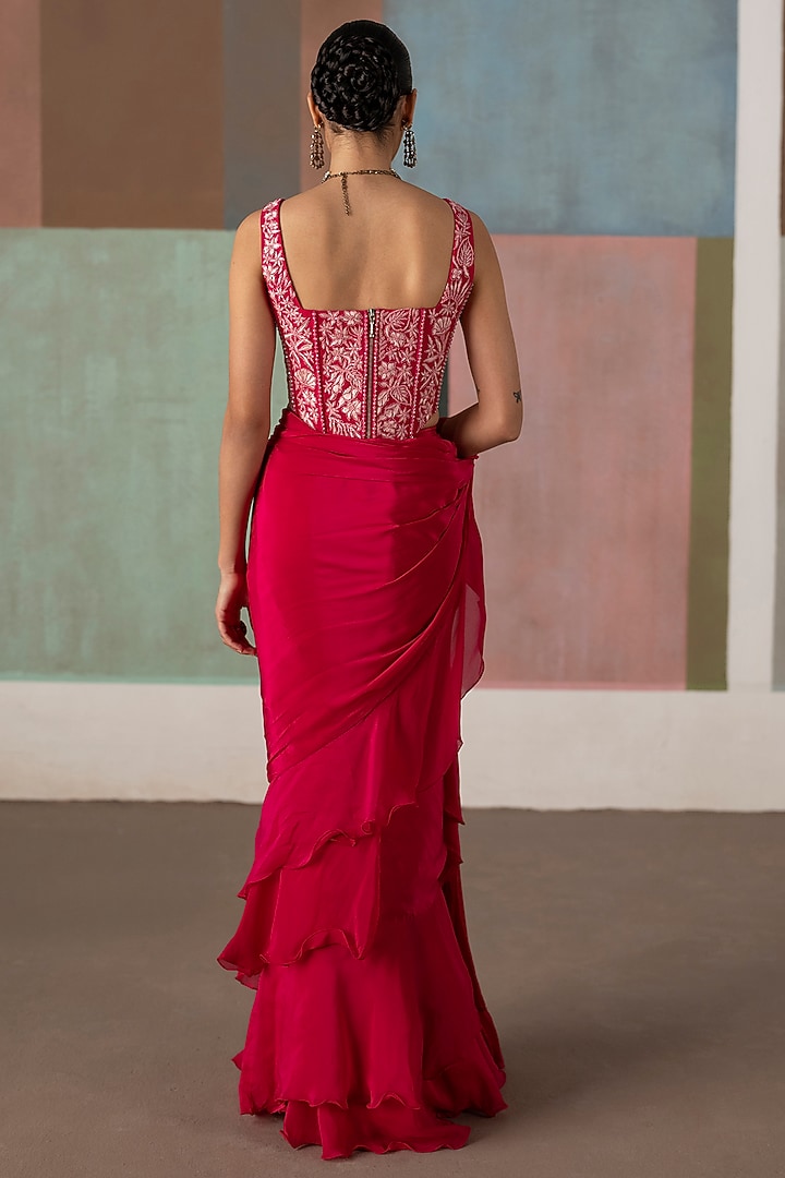 Fuchsia Crepe & Organza Ruffled Reception Saree Set by Mishru at Pernia's Pop Up Shop