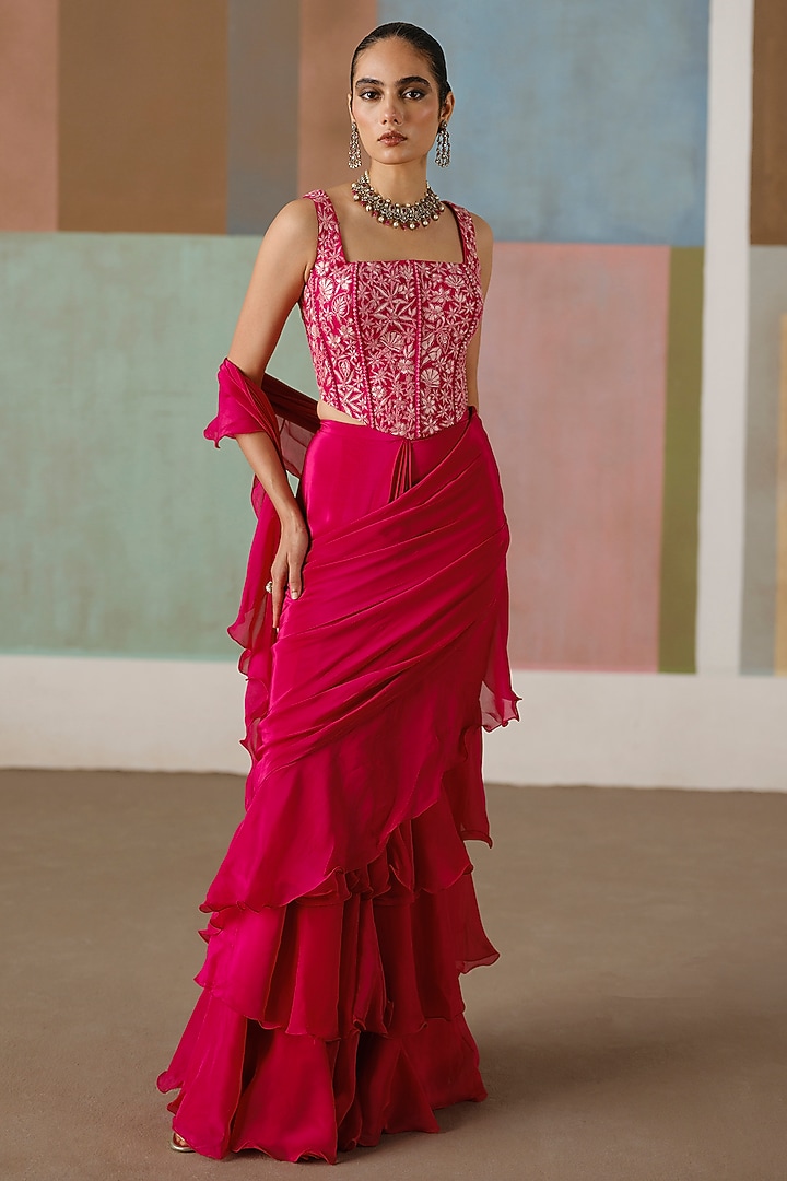 Fuchsia Crepe & Organza Ruffled Reception Saree Set by Mishru at Pernia's Pop Up Shop