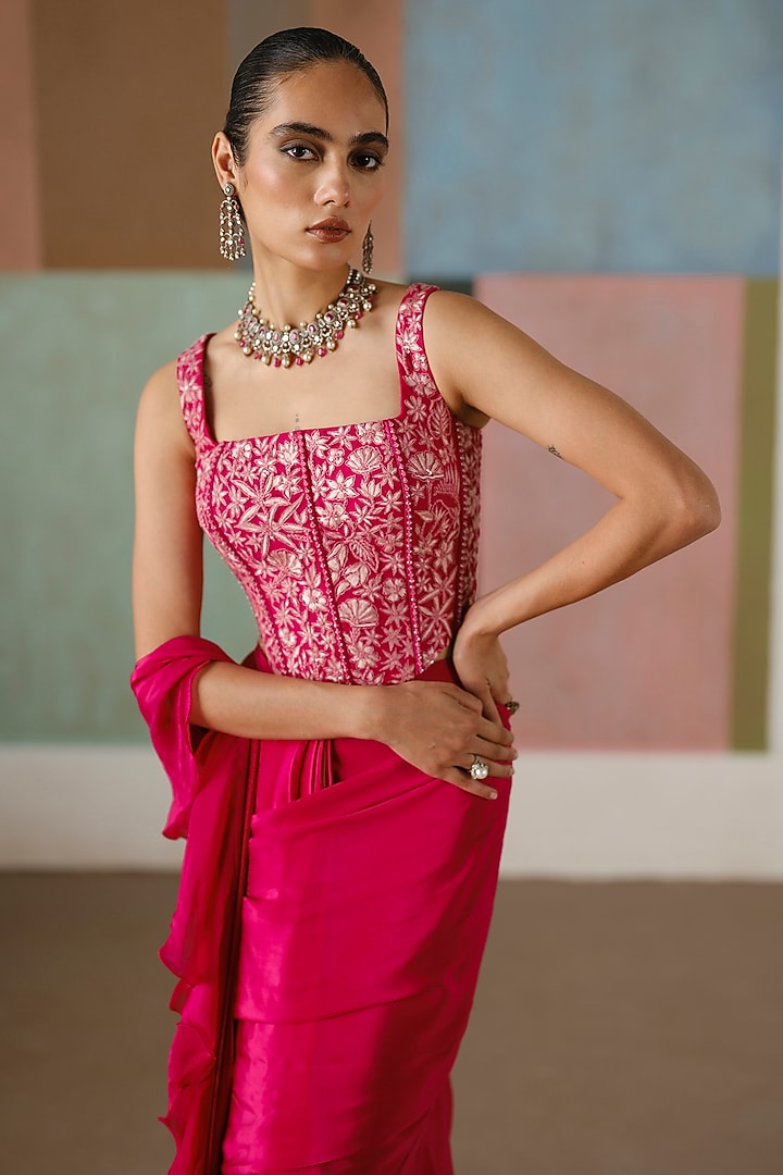 Fuchsia Crepe & Organza Ruffled Reception Saree Set by Mishru at Pernia's Pop Up Shop