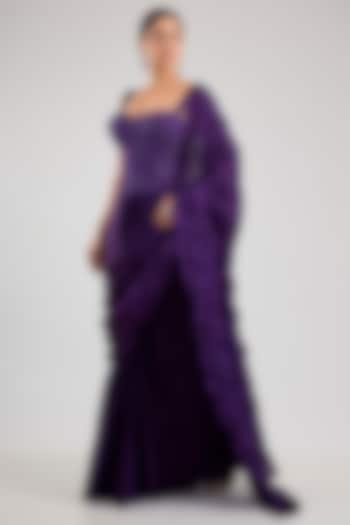 Purple Silk Smocked Bridal Saree Set by Mishru at Pernia's Pop Up Shop