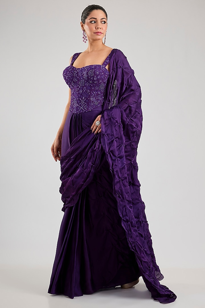 Purple Silk Smocked Bridal Saree Set by Mishru at Pernia's Pop Up Shop