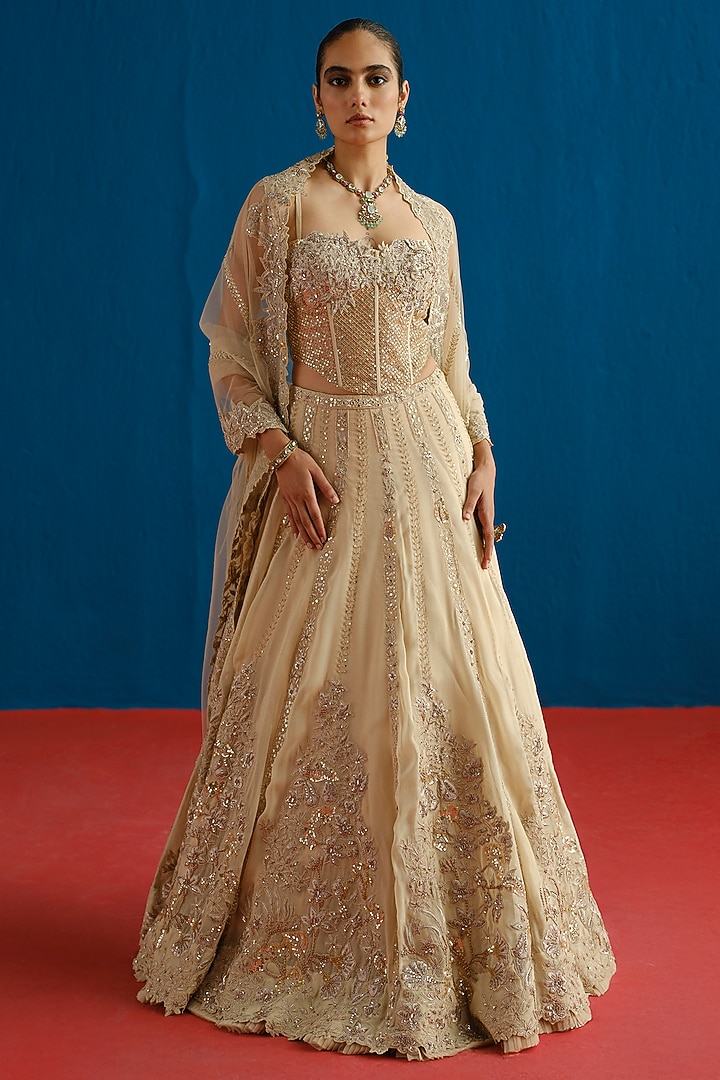 Gold Organza Embroidered Bridal Lehenga Set by Mishru at Pernia's Pop Up Shop