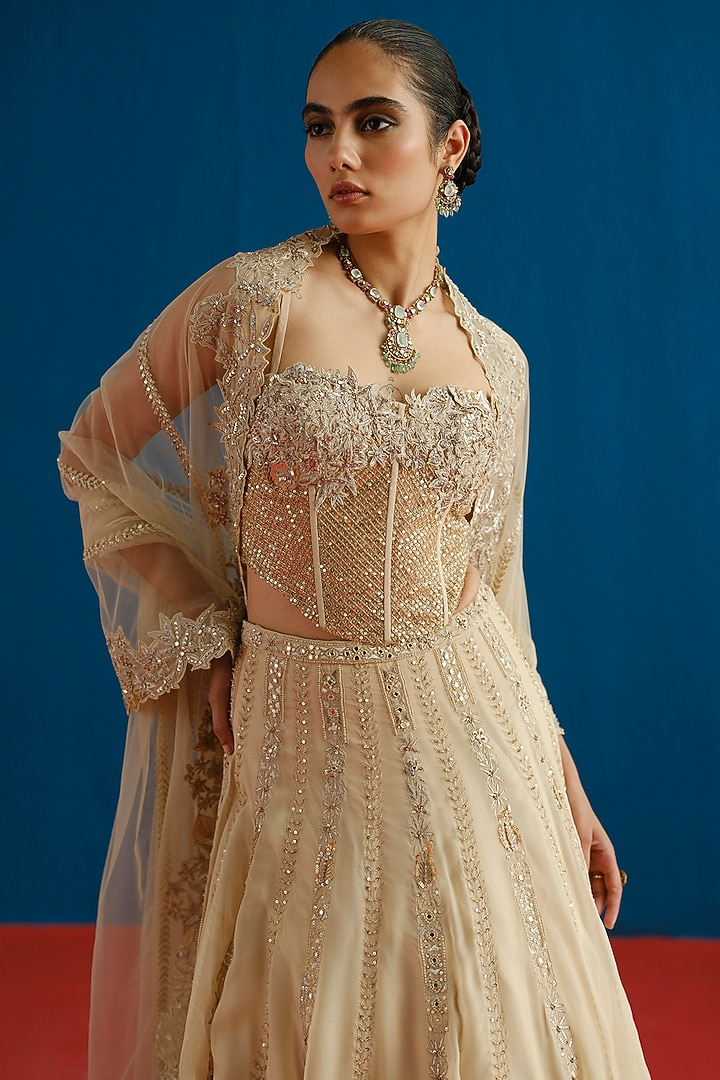 Gold Organza Embroidered Bridal Lehenga Set by Mishru at Pernia's Pop Up Shop