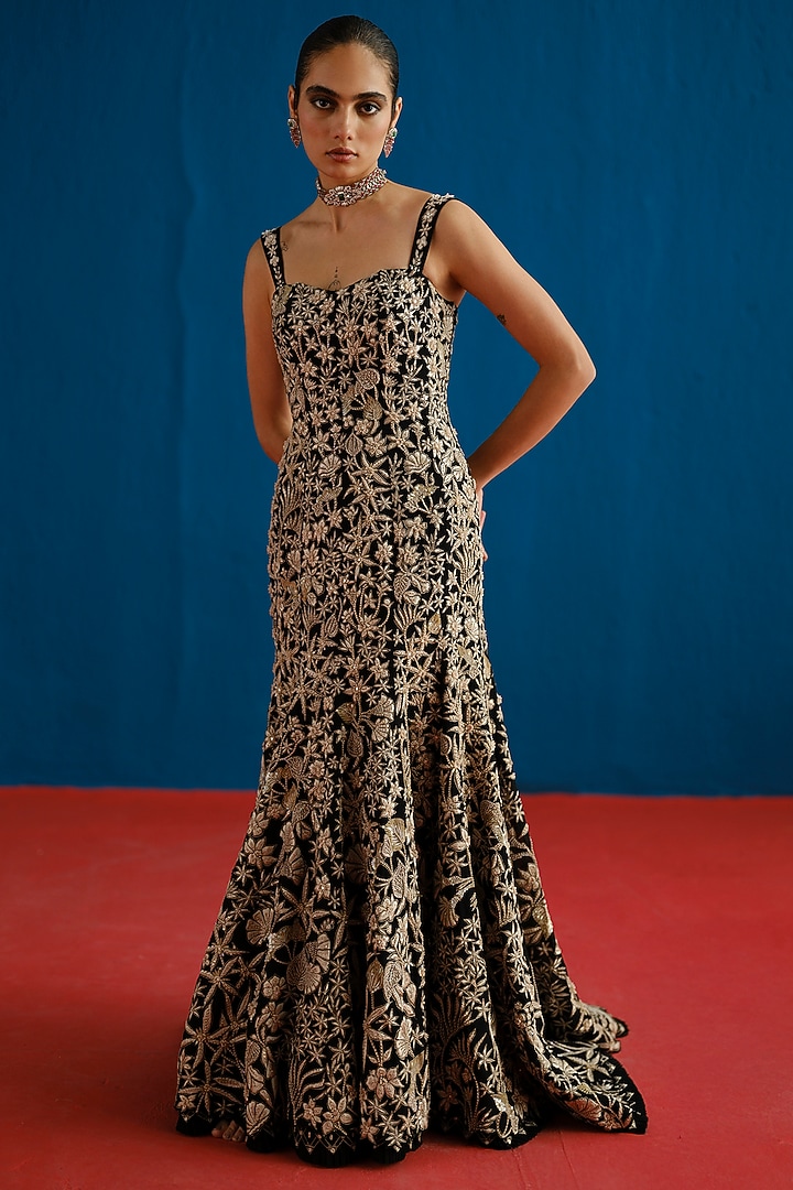 Black Organza Embroidered Bridal Gown by Mishru at Pernia's Pop Up Shop