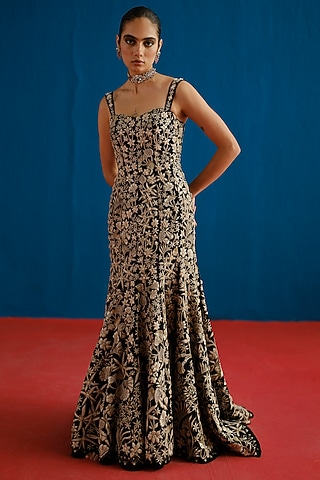 Black Organza Embroidered Gown by Mishru