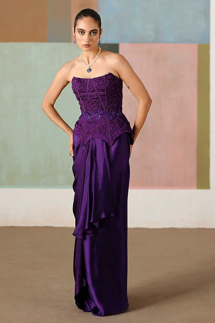 Purple Satin Draped Skirt Set by Mishru at Pernia's Pop Up Shop