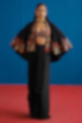 Black Silk Embroidered Cape Set by Mishru at Pernia's Pop Up Shop