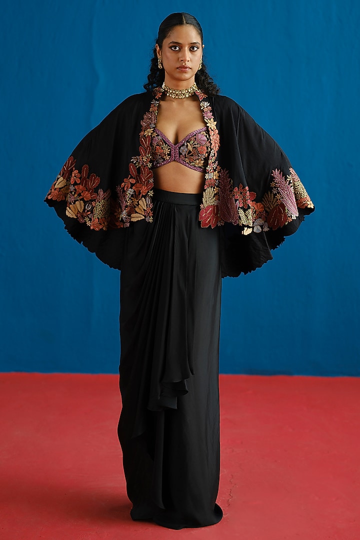 Black Silk Embroidered Cape Set by Mishru at Pernia's Pop Up Shop