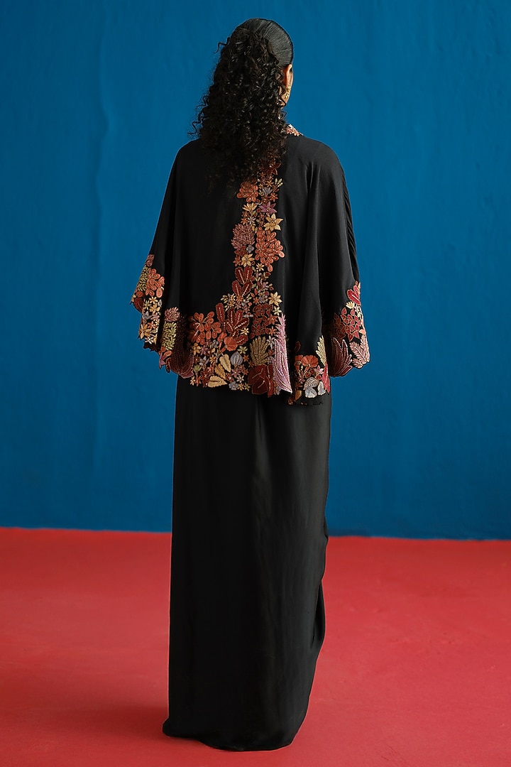 Black Silk Embroidered Cape Set by Mishru at Pernia's Pop Up Shop