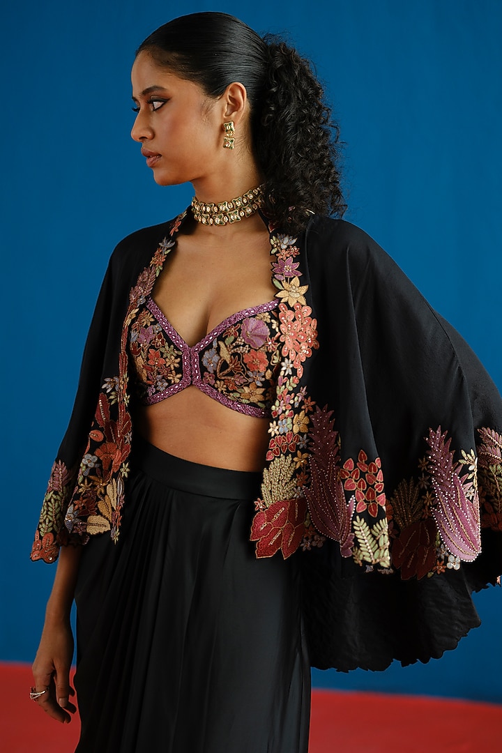 Black Silk Embroidered Cape Set by Mishru at Pernia's Pop Up Shop