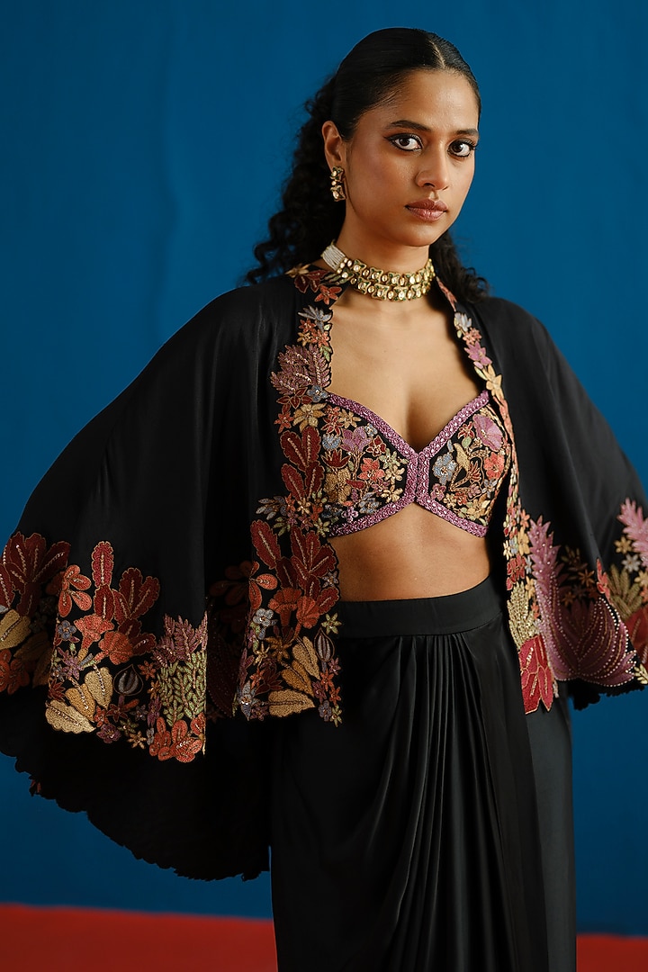 Black Silk Embroidered Cape Set by Mishru at Pernia's Pop Up Shop