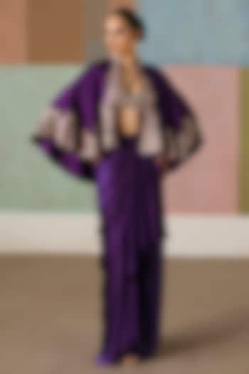 Purple Silk Embroidered Cape Set by Mishru at Pernia's Pop Up Shop
