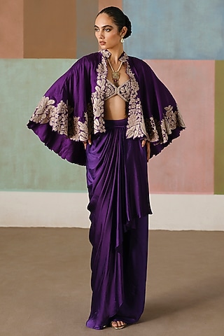 Purple Silk Embroidered Cape Set by Mishru