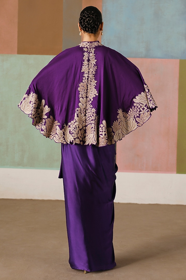 Purple Silk Embroidered Cape Set by Mishru at Pernia's Pop Up Shop