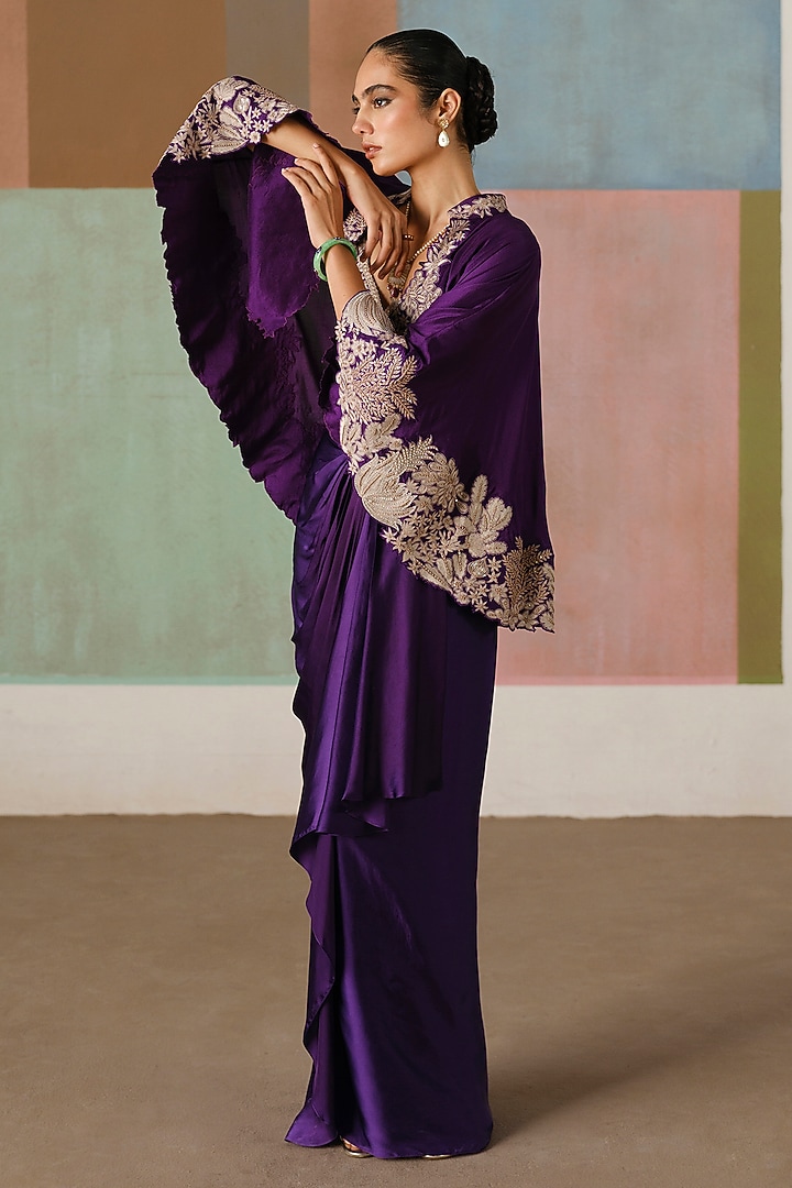 Purple Silk Embroidered Cape Set by Mishru at Pernia's Pop Up Shop