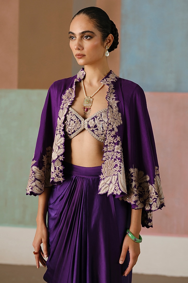 Purple Silk Embroidered Cape Set by Mishru at Pernia's Pop Up Shop